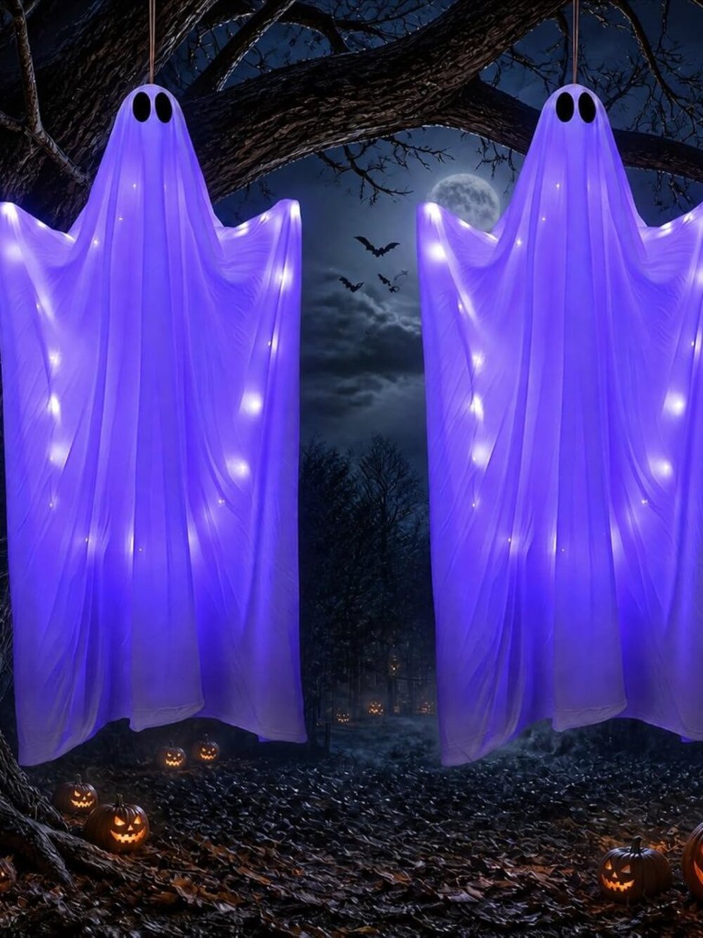 2 Pack 47" Halloween Hanging Ghost Decor with Purple LED Lights